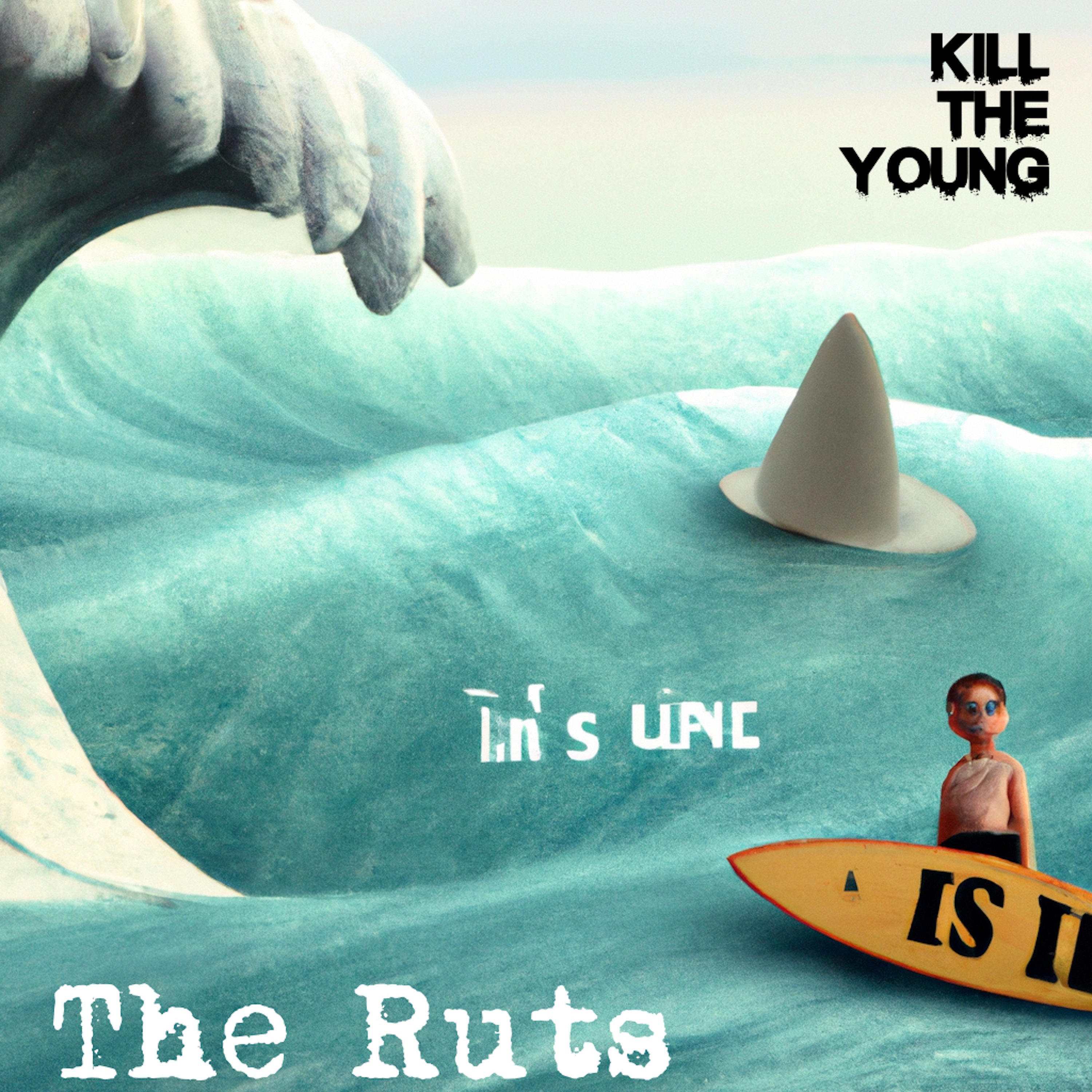 AI art of waves and surfer, writing says kill the young The Ruts